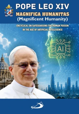 Cover of the Catholic book Pope Leo XIV: Magnifica Humanitas featuring Pope Leo XIV in papal vestments with an inspiring spiritual background.